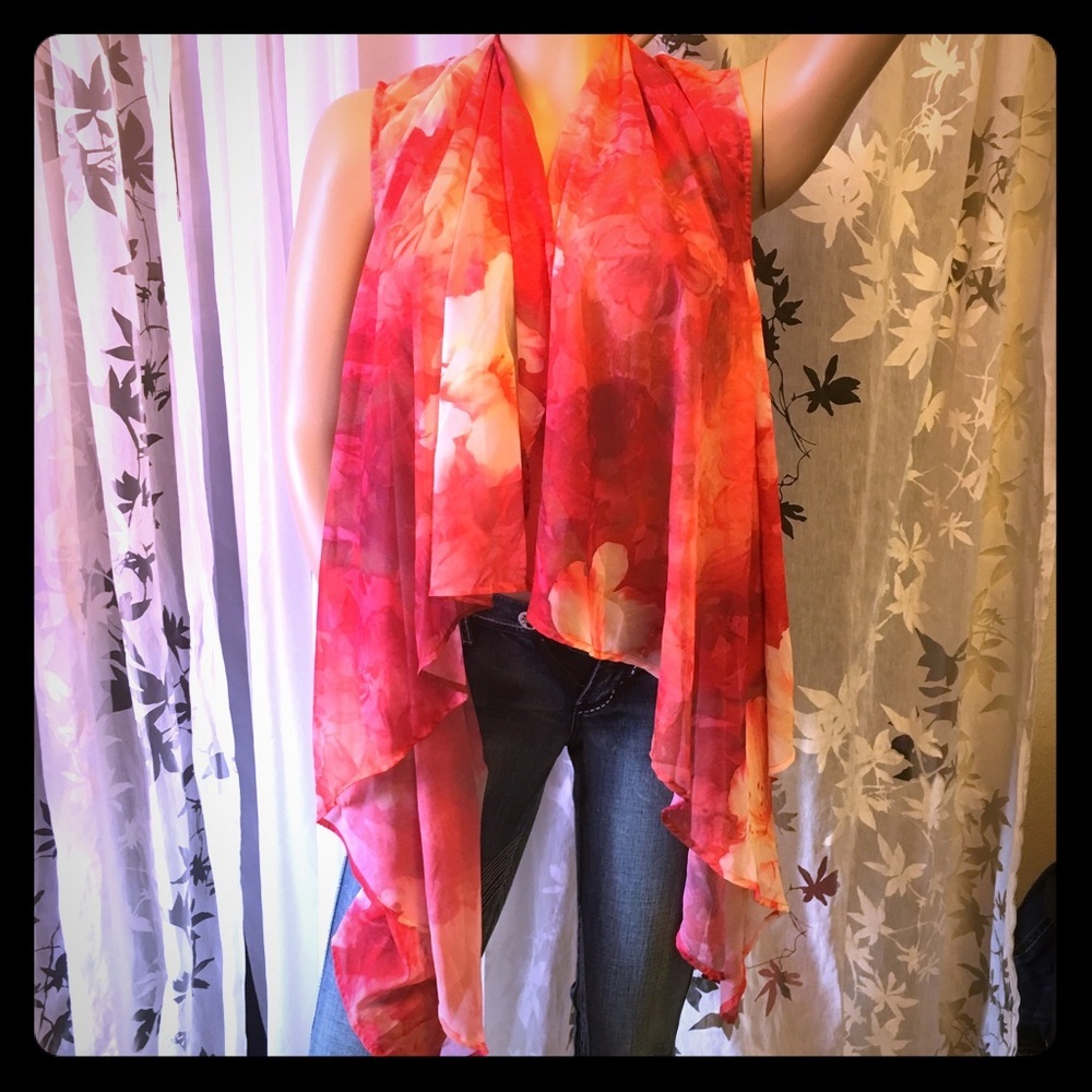 Jeans by Buffalo Floral Asymmetrical Chiffon Wrap Blouse | Sheer Layering Top L - Picture 2 of 4